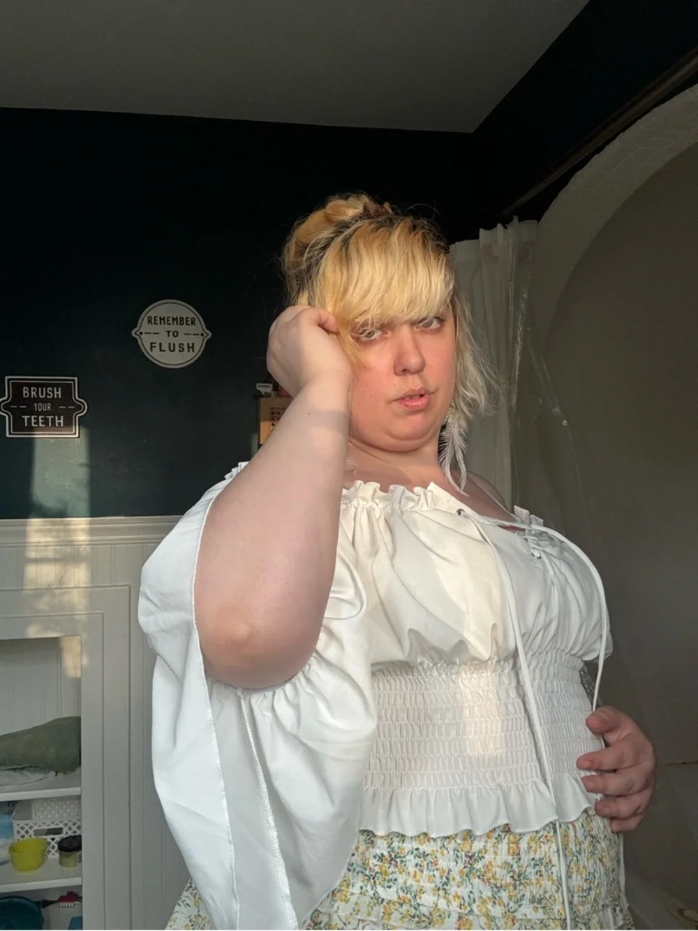 White Smocked Renaissance Peasant Blouse Lace Up with Sleeves XL - Picture 3 of 10